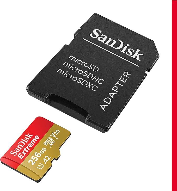 SanDisk 256GB Extreme microSDXC UHSI Memory Card with Adapter  Up to 190MB/s, C10, U3, V30, 4K, 5K, A2, Micro SD Card  SDSQXAV256GGN6MA