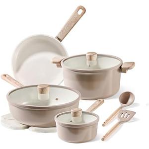 CAROTE 12Pcs Ceramic Pots and Pans Set Non Stick, Healthy Cookware Set, PFAS/PFOA Free, Kitchen Cooking Set with Frying Pans, Taupe CAROTE 12Pcs Ceramic Pots and Pans Set Non Stick, Healthy Cookware Set, PFAS/PFOA Free, Kitchen Cooking Set with Frying Pans, Taupe