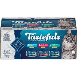 Blue Buffalo Tastefuls Flaked Wet Cat Food Variety Pack, Made with Natural Ingredients, Tuna, Chicken, Fish & Shrimp, 3-oz Cans (12 Count, 4 of Each) (EXP 04/08/28)