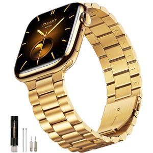 SUNFWR Compatible with Apple Watch Band 45mm 44mm 42mm for Men Women, Stainless Steel Metal iWatch Band for Apple Watch Series 9/8/7/6/5/4/3/2/1/SE/SE2 (Golden, 42mm/44mm/45mm No case)
