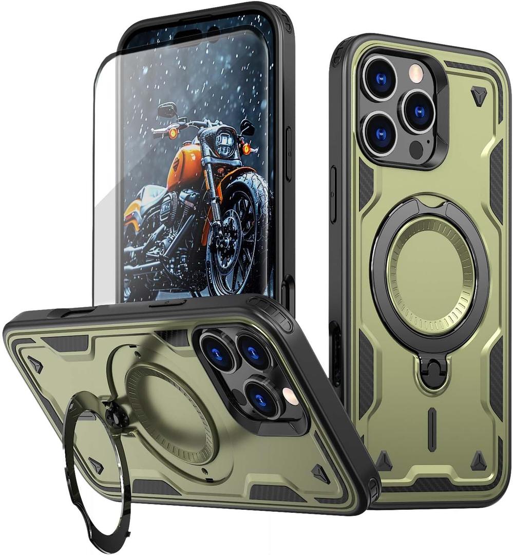 Compatible with iPhone 16 Pro Case, with 1X HD Screen Protector, Compatible with MagSafe, 360Rotatable Invisible Ring for Magnetic Car Mount, Military Grade Drop Protection case (Olive Green)