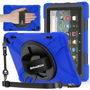 BRAECNstock for Amazon Fire HD 8 Tablet Case 12th Generation 2024/2022 8 inch with Rotating Hand Strap + Stand Shouler Strap Pen Holder Shockproof Rugged Kindle Fire HD 8 Protective Case Kids - Blue