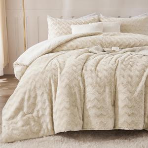 Andency Fleece Beige Comforter Set King, 3 Pieces Fuzzy Plush Faux Fur Bedding Comforter, Fluffy Shaggy Warm Sherpa Bed Set for Winter (104x90Inch Comforter)
