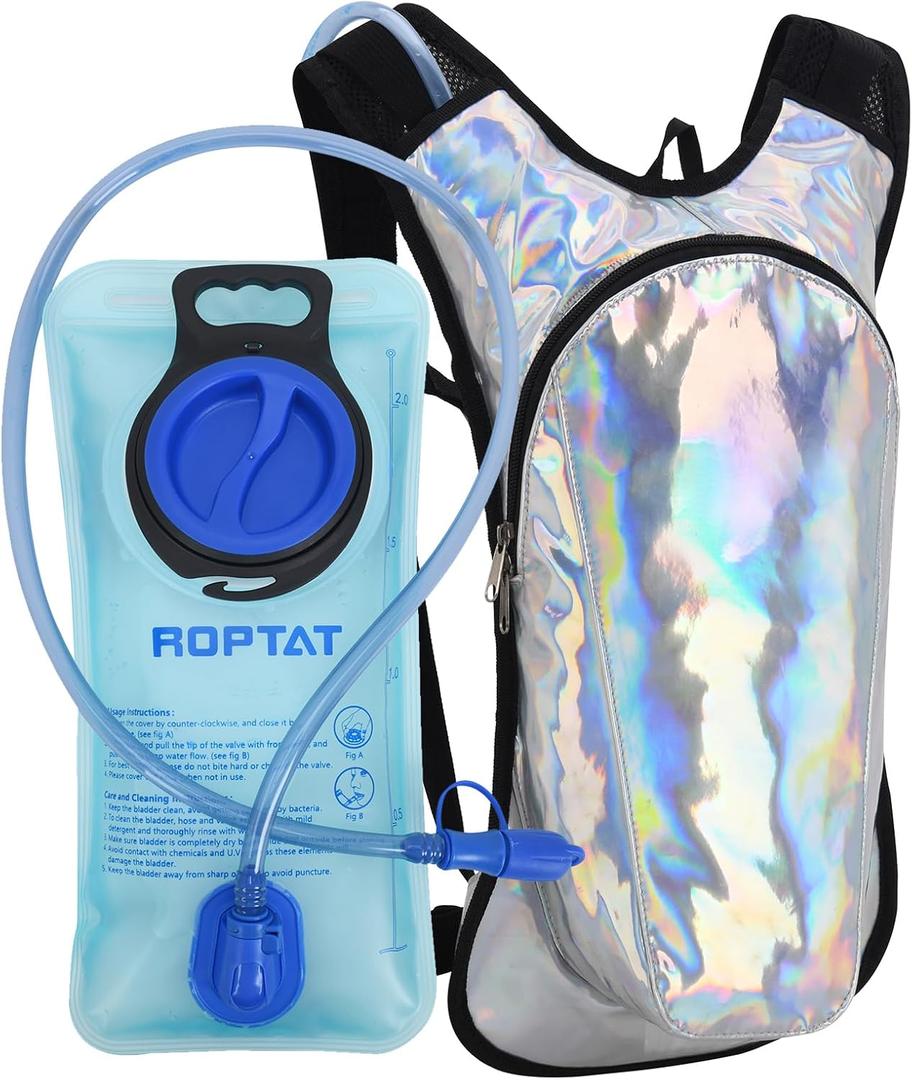Roptat Hydration Backpack Pack with 2L Hydration Bladder - Lightweight Water Backpack Keeps Water Cool up to 4 Hours Pouch for Women Men Running Riding Biking (Black) (Sliver-Laser)