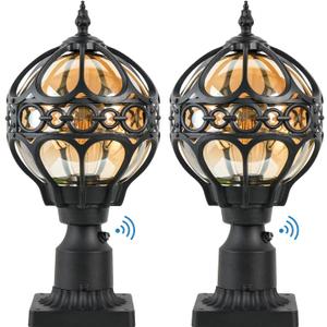 Dusk to Dawn Outdoor Lamp Post Lights, Aluminum Rust-proof Globe Post Light for Porch Front Door Driveway Lawn Garden, Black Sphere Exterior Pillar Light, Hardwired 3" Pier Mount Post Lantern, 2pack, 15.1"-2 Pack