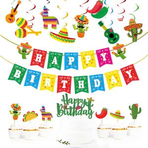Mexican Theme Birthday Party Decorations Set, Fiesta Party Supplies, Pre-Strung Happy Birthday Banner, Cupcake Cake Toppers, Cactus Taco Ceiling Hanging Swirls, Mexican Cinco De Mayo Party Supplies