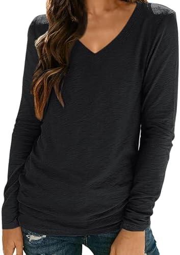 Womens Crewneck T Shirts Lightweight Long Sleeve V-Neck Tee Female Loose Fit Fall Tops Fashion Trendy Soft Clothes Outfits, Small