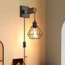 Rustic Wall Sconces Fixtures with Plug in Cord, Set of Two Indoor Vintage Rattan Wall Light Industrial Lamp Fixture Farmhouse Metal Sconces Light for Bedroom Bedside Living Room