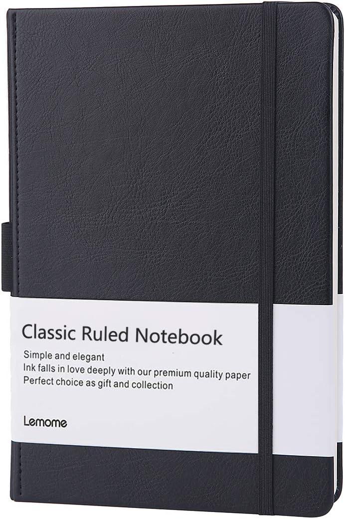 Lemome Ruled Notebook/Journal - Lined Journal for Writing, 5.75'' x 8.4'' Notebook Journal, 146 pages Faux Leather Notebook with Thick Paper, Waterproof Hardcover, Elastic Closure (black)