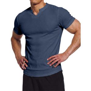 Dokotoo Men Mens Muscle Slim Fit T Shirts Texture V Neck Gym Workout Athletic Short Sleeve Mens Shirts (Navy Blue, Medium)