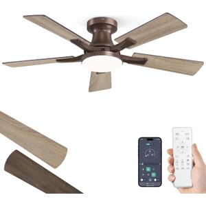 ZMISHIBO 42 Inch Ceiling Fan with Light, App&Remote Control, Flush Mount Low Profile, Dimmable 20W LED Light, Quiet Reversible Motor for Bedroom, Living Room, Apartment, Brown
