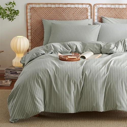 Sedefen Striped Duvet Cover Queen Size Green Stripe Cotton Bedding Set with White Stripes 3 Pieces Kids Boys Girls Vintage Pinstripe Reversible Soft Breathable Fall Duvet Cover Set with 2 Pillowcases