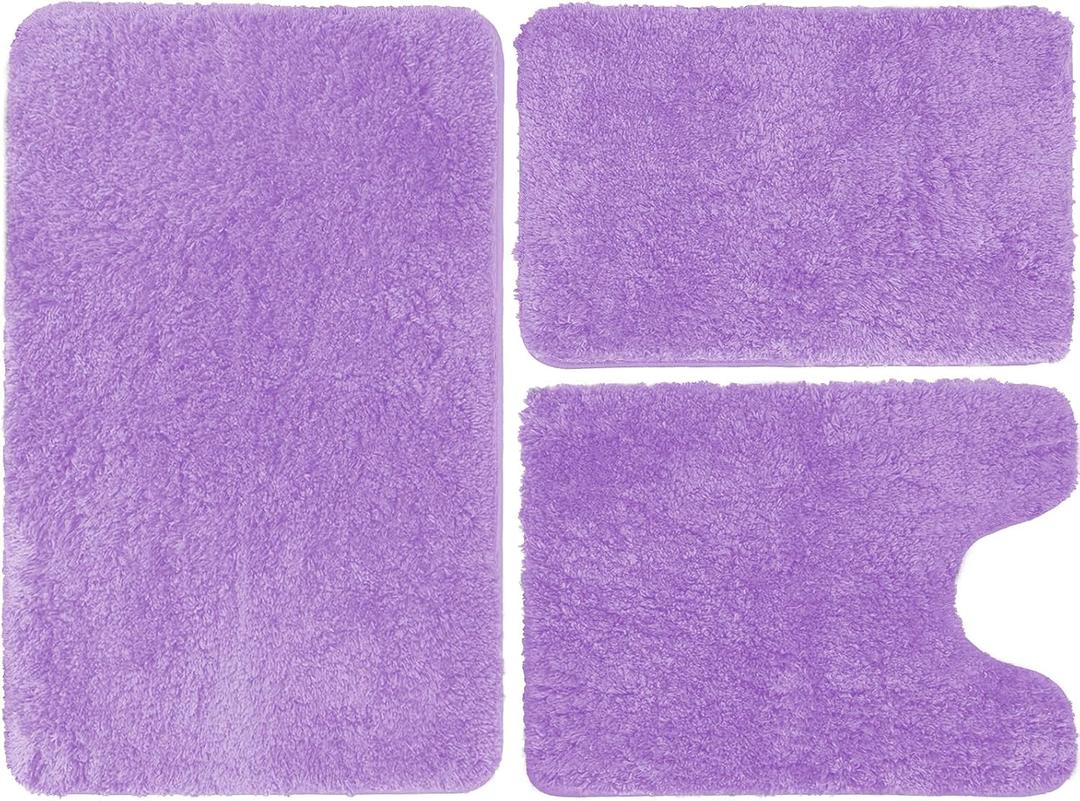 RUN HELIX Purple Bathroom Rug Set 3 Piece Non-Slip Microfiber Bath Mat,Plush Shaggy Luxury Mat with Rubber Backing, Extra Soft and Absorbent Machine Washable, Bath Mats for Bathroom,Tub and Shower (20"x32"+16"x24"+ U Shape20"x20", Light Purple-solid)