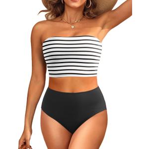 Tempt Me Women Bandeau Bikini Set Strapless High Waisted Two Piece Swimsuit Longline Bathing Suits (Large, Striped and Black)