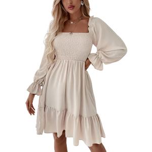 LYANER Women's Square Neck Lantern Long Sleeve Ruffle Shirred Flowy Party Mini Dress (Medium)
