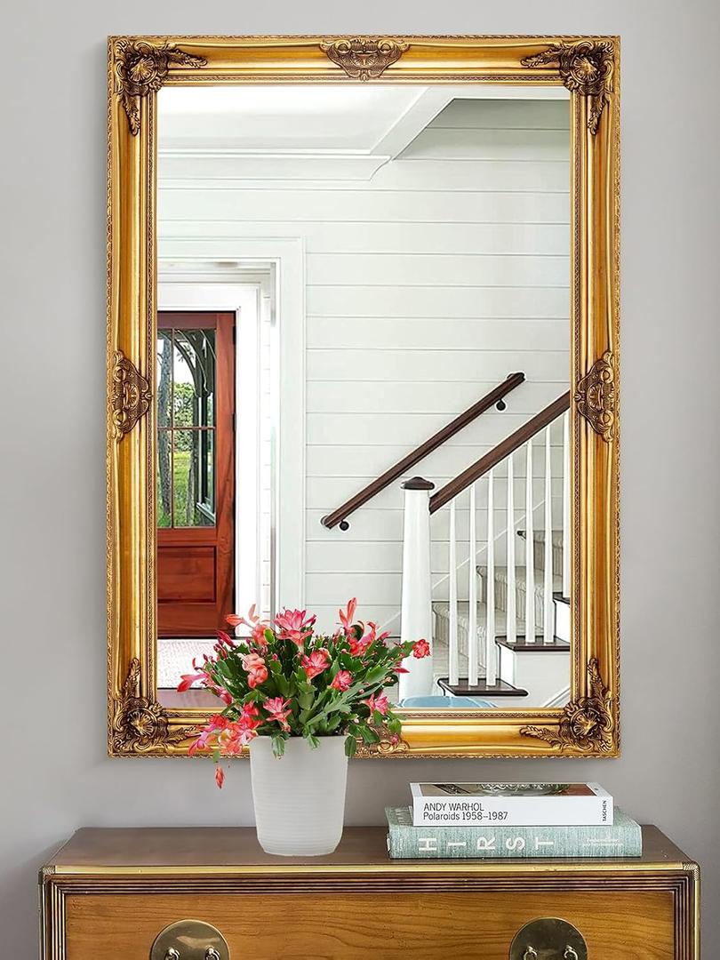 Chende Gold Decorative Mirrors for Wall, 41'' x 29'' Large Living Room Mirror with Ornate Gold Frame, Vintage Baroque Mirror for Fireplace, Bathroom, Dining Room, Entryway