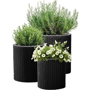Keter Cylinder Set of 3 Rattan Resin Planter for Indoor and Outdoor Plants Ideal Decorative Planter for Porches and Patio Decor, Black