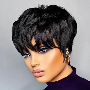 Pixie Cut Wig Human Hair Short Pixie Wigs for Black Women,Pixie Wigs Human Hair Short Layered Straight Human Hair Wigs With Bangs (Black) (1Packs)
