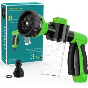 Garden Hose Nozzle, High Pressure Spray Gun Nozzle, 8 Spray Patterns for Watering Plants, Lawn, Patio, Cleaning, Showering Pet with 3.5oz/100cc Soap Dispenser Bottle (Green)