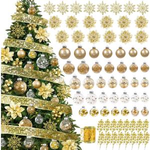 Roberly 72PCS Gold Christmas Tree Decorations Set Shatterproof Clear Plastic Gold Christmas Ornaments Balls with Hanging Snowflakes Ribbon Poinsettia Flowers Glitter Berry Stems