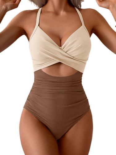 Eomenie Women's One Piece Swimsuits Tummy Control Cutout High Waisted Bathing Suit Wrap Tie Back 1 Piece Swimsuit L