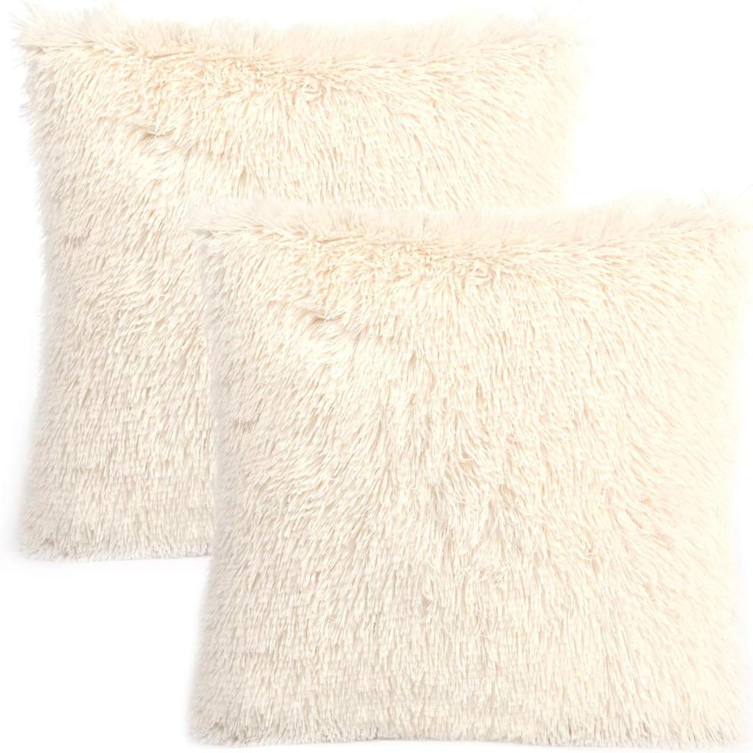 YOUR SMILE Pack of 2, Decorative Plush New Luxury Series Merino Style Faux Fur Throw Pillow Case Cushion Cover 18" x 18"(Ivory,White)