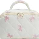 JOVAKIT Large Capacity Quilted Makeup Bag, Travel Cosmetic Bag for Women, Floral Cotton Travel Toiletry Pouch, Handle Zipper Make Up Open Flat Organizer Bag (Pink Bow Tie)
