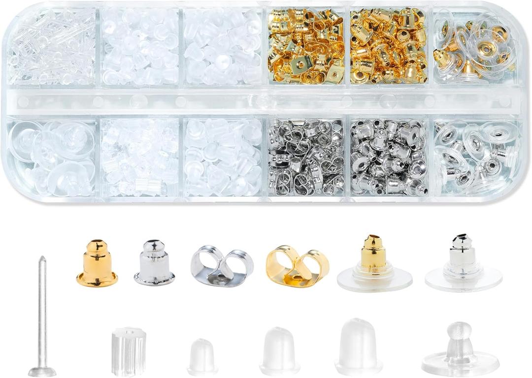 12 Styles 600 Pcs Earring Backs for Studs, Clear Plastic Earrings Hypoallergenic Metal Rubber Silicone Earring Backs Bullet Clutch Stoppers Replacement Kits for Fish Hook Earring Studs Hoops
