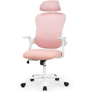 Office Chair, Comfortable Swivel Chair with high Back, Wheels, Adjustable headrest, Comfortable Lumbar Support, flip arm, Pink