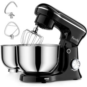 Facelle Tilt-Head Stand Mixer, 5QT+6QT Stainless Steel Two Bowls, 10 Speeds Kitchen Electric Food Mixer with Egg Whisk, Dough Hook, Beater, Dishwasher-Safe Attachment, Ideal Gift for Mom (Black)