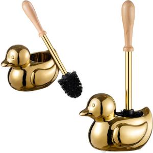 Gold Toilet Brush and Holder Set - Wooden & Stainless SteelHandle Gold Toilet Bowl Brush and Holder with Replaceable Head- Dense Bristles for Thorough Cleaning,Duck Design for Bath Decor Storage