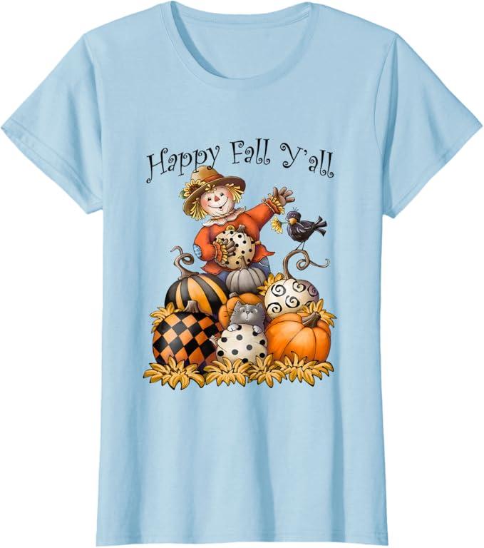 Scarecrow Happy Fall Y'all Pumpkin Thanksgiving Halloween T-Shirt
, Size XL