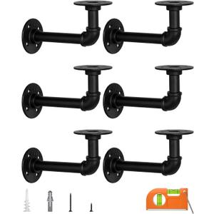 LuckIn Pipe Shelf Brackets for DIY 8 10 12 14 Inch Floating Shelves, Industrial Iron Pipe Bracket, Heavy Duty Metal Shelving Brackets, Black, 6-Pack