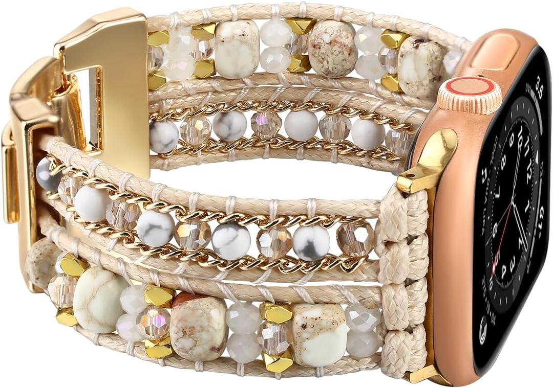 Boho Bracelet Compatible with Apple Watch Band 41mm 40mm 42mm 38mm 49mm 46mm 45mm 44mm Natural Stone Beaded iWatch Band Women Men Apple Watch Strap Ultra Series 11/10/9/8/7/6/5/4/3/2/1/SE 3/Ultra 3
