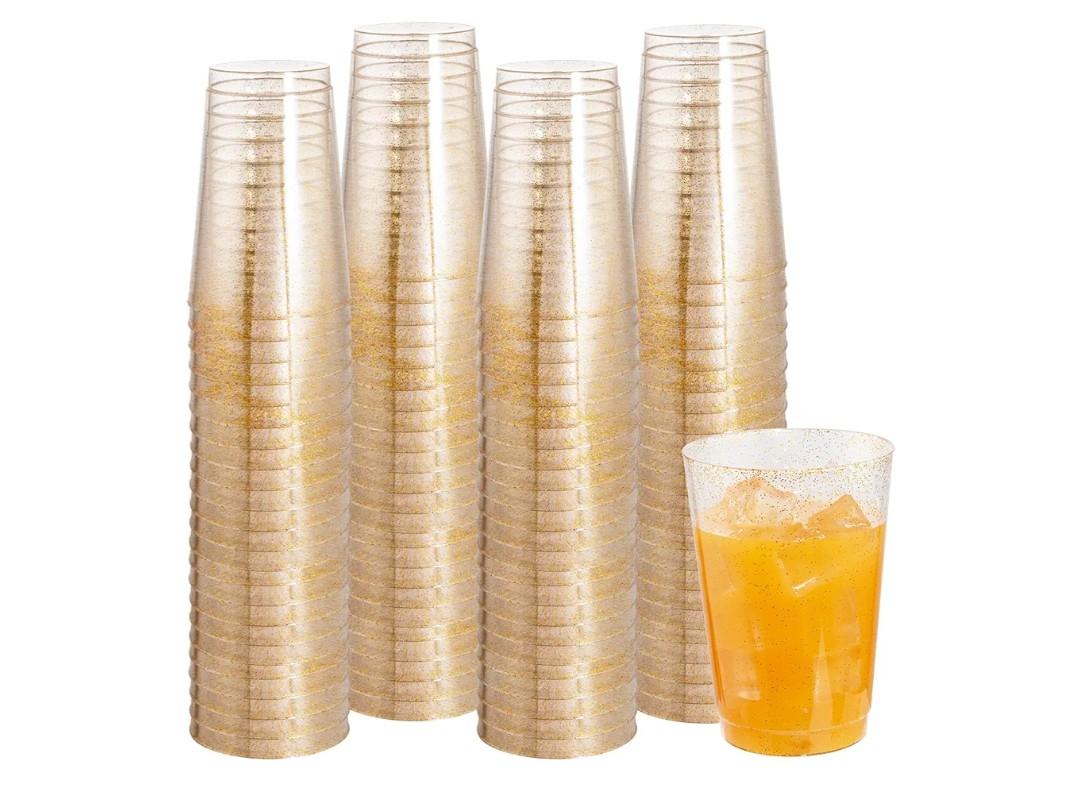 I00000 100 Pack 12 oz Gold Glitter Cups, Clear Disposable Cups, Gold Plastic Wine Glasses Cocktail Glasses Heavy Duty Cups, 12 Ounce Glitter Plastic Tumblers for Party