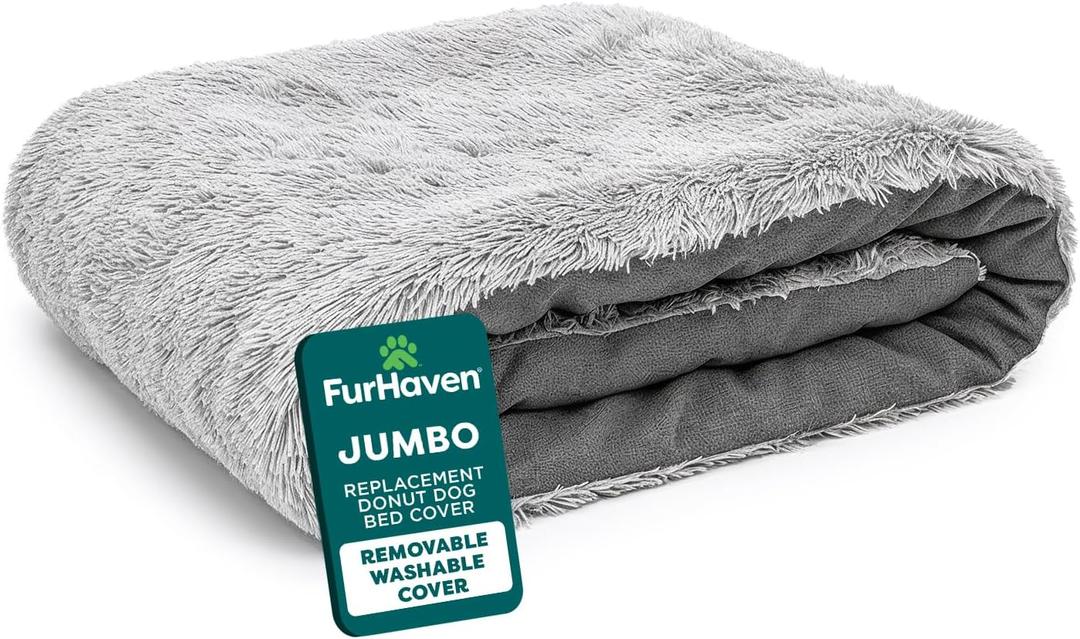 FurHaven Replacement Dog Bed Cover, Long Faux Fur for Calming Cuddlers, Machine Washable, Customizable Filling, Jumbo XL, Faux Fur, Misty Gray