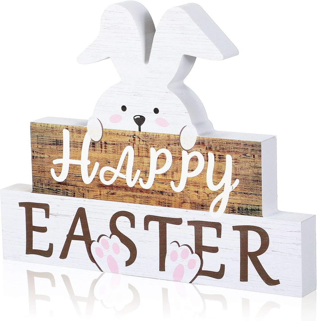 Easter Decorations for Table, Wooden Happy Easter Bunny Decor Sign for Home, Wood Rabbit Block Tabletop Centerpiece Farmhouse Decor for Spring Indoor Shelf Living Room Office(White, Wooden Color)
