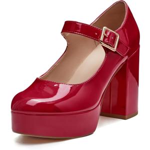 Coutgo Women's T-Strap Round Toe Platform Heels Chunky Heel Patent Mary Jane Dress Shoes (10, Burgundy)