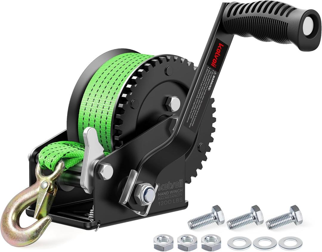 Kolvoii 1200lbs Boat Trailer Winch with 26FT Strap, Portable Hand Crank Winch 2-Way Ratchet 4:1 Gear Ratio, Comfortable Handle for Boat, Trailer, Marine, and Jet Ski - Green