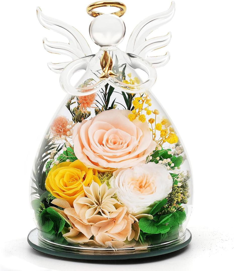 Gifts for Mom Birthday Gifts for Women, Preserved Rose in Glass Angel Figurines, Forever Flowers for Delivery, Anniversary Real Rose Gift for Grandma Wife Her from Daughter