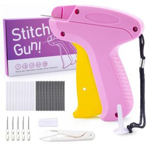Stitch Gun for Clothes, Stitchy Quick Clothing Fixer, Micro Tagging Gun for Clothing, Mini Sticky Sewing Gun, Stichy Fix Gun, Includes 6 Needles, 1 Scissors, 2000 Black & 2000 White Fasteners (Pink Yellow)