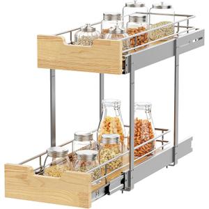 Pull Out Cabinet Organizer,Heavy-Duty Slide Out Shelf, Wood and Wire Basket, Pull Out Drawer for for Kitchen Under Sink Space, Pantry, Bathroom, 2 Tie 9 * 21 in