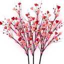 3 Pack Lighted Valentine's Day Decoration, 30" Tall Artificial Red Pink Heart Shaped Berry Picks with 60LED Lights Timer Lighted Branches for Vases Valentine's Day Gifts Anniversary Wedding