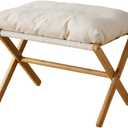 Folding Upholstered Footrest Stool, Small Accent Ottoman with Thick Cotton Cushion & Bamboo X Legs, Modern Padded Sofa Stool for Makeup Bedroom Living Room (Beige)