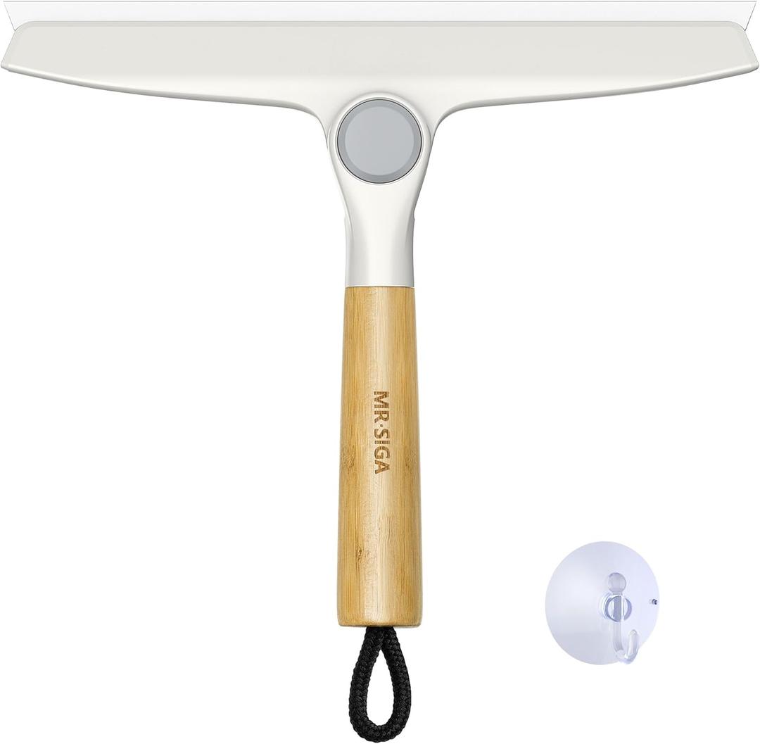 MR.SIGA All Purpose Silicone Squeegee for Shower Door, Mirror, Glass, Streak Free Shower Squeegee, Pivoting Bamboo Handle, Includes 1 Suction Hook, 10 inch Wide, 1 Pack (White)