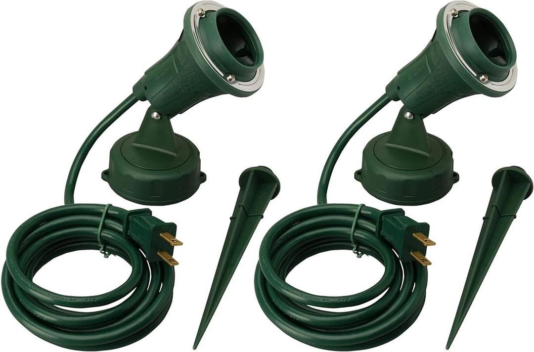 Woods Outdoor Floodlight Fixture with Stake (6-Feet Cord, 120V, Green) (2 Pack)