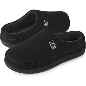 VeraCosy Men's Cozy Knit Slipper Breathable Memory Foam Indoor House Shoes with None Slip Rubber Sole (9-10, Dark Black)