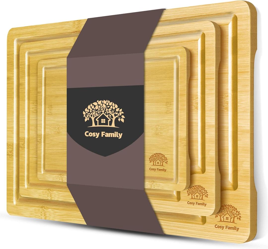 Cosy Family Wood Cutting Boards for Kitchen - Set of 3 - Bamboo Cutting Boards with Juice Groove, Serving Board Set, Thick Chopping Board for Meat, Veggies, Easy to clean (Natural)