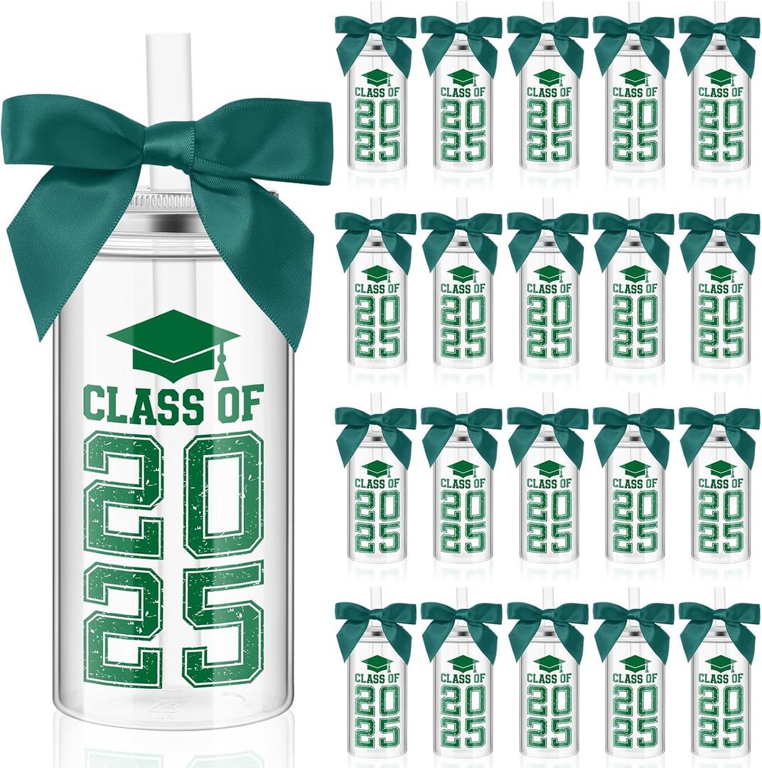 Skylety 24 Set 2025 Graduation Cups with Lid and Straw, Class of 2025 Graduation Gifts Plastic Mason Jar Tumbler Cup Bow Decorated, 12 oz Reusable Water Bottle for Grad Party Favor Decoration(Green)