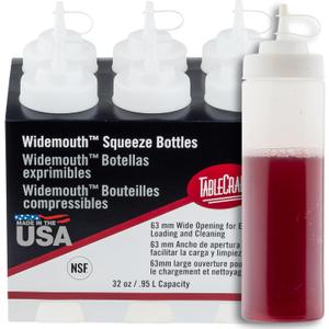 TableCraft 12634 Widemouth Condiment Squeeze Bottles, 63 mm Wide Opening, Cone-Tip Top, Tethered Cap, Clear Sauce Dispensers for Food Prep, 32 oz (946 mL), NSF, Made in USA, Pack of 6